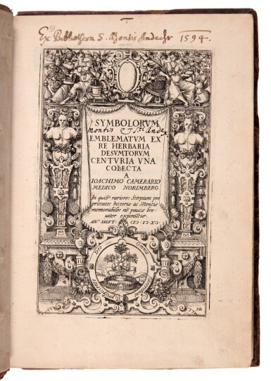 View full screen - View 1 of Lot 471. Camerarius, Symbolorum & emblematum ex re herbaria, Nuremberg, 1590, contemporary calf.