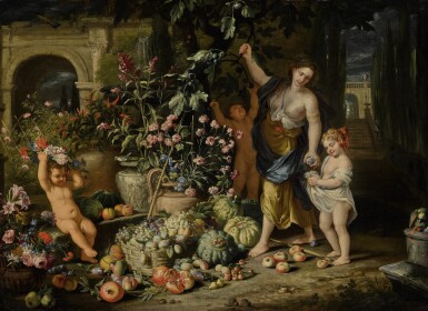 View full screen - View 1 of Lot 160. ABRAHAM BRUEGHEL AND NICOLA VACCARO | A YOUNG WOMAN PICKING FIGS WITH THREE CHILDREN IN A TERRACED GARDEN, WITH URNS OF CARNATIONS, MORNING GLORY, AND OTHER FLOWERS, AND BASKET OF GRAPES AND OTHER FRUITS NEARBY.