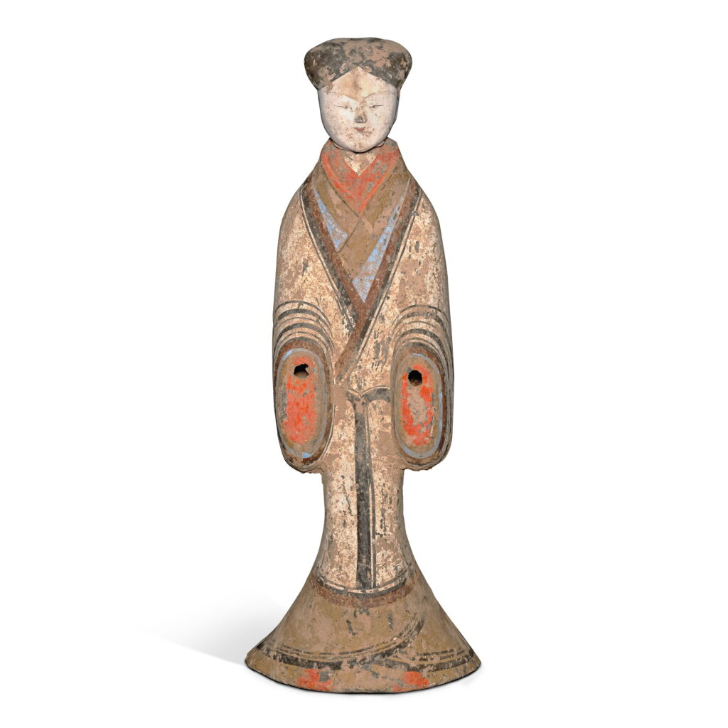 View full screen - View 1 of Lot 718. A large painted pottery figure of a court lady, Han dynasty | 漢 彩繪陶仕女俑.