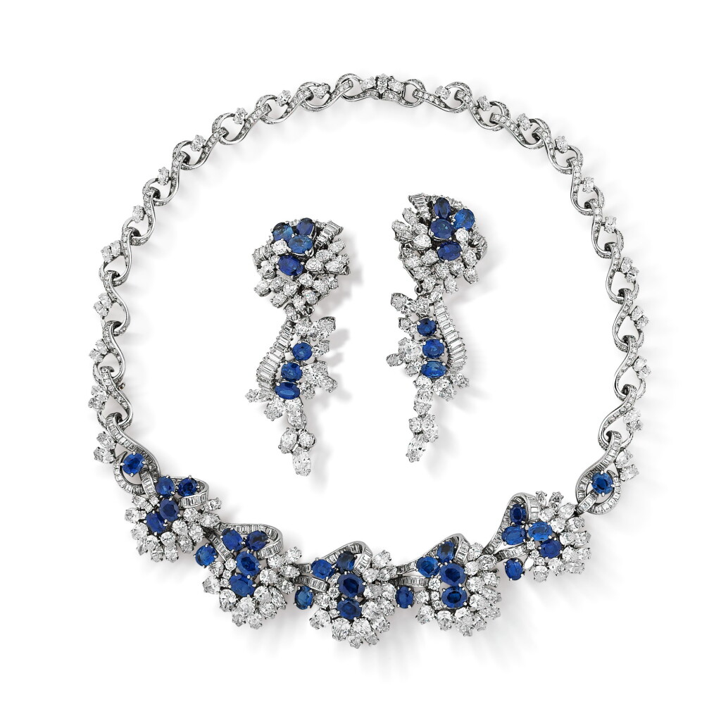 View full screen - View 1 of Lot 219. Sapphire and diamond demi-parure, 1960s | 尚美 | 藍寶石配鑽石首飾套裝,1960年代.