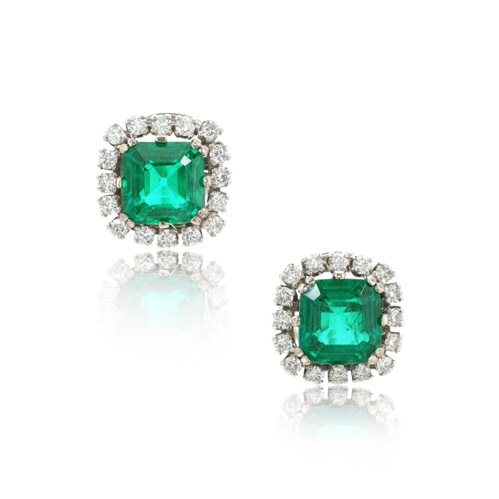 View full screen - View 1 of Lot 860. Pair of emerald and diamond earrings.
