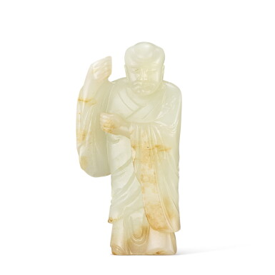 View full screen - View 1 of Lot 491. A white jade figure of a luohan, Qing dynasty, 18th - 19th century 清十八至十九世紀 白玉羅漢立像.