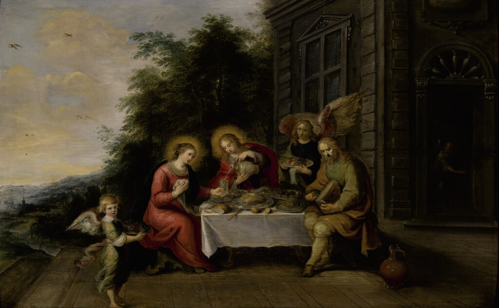 View full screen - View 1 of Lot 196. FRANS FRANCKEN THE YOUNGER | THE HOLY FAMILY DINING OUTDOORS WHILE SERVED BY ANGELS.