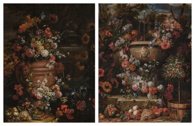 View full screen - View 1 of Lot 62. A pair of garden still-lifes with sunflowers and an orange tree.