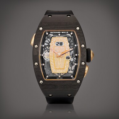 View full screen - View 1 of Lot 2187. Reference RM037 | A pink gold, carbon fibre and diamond-set semi-skeletonised wristwatch with date, Circa 2020 | Richard Mille | 型號RM037 | 粉紅金及碳纖維半鏤空鑲鑽石腕錶,備日期顯示,約2020年製.