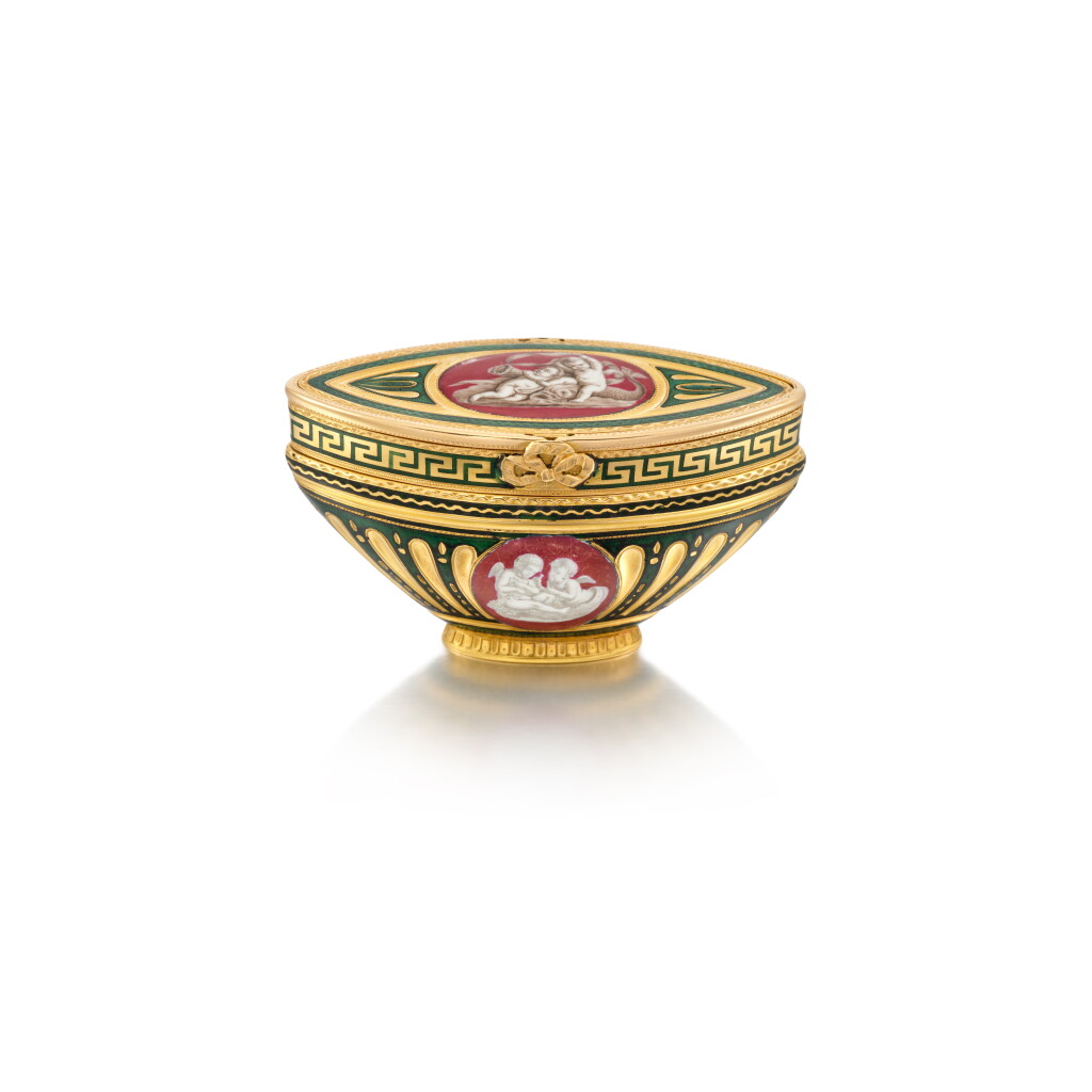 View full screen - View 1 of Lot 80. An unusual gold and enamel snuff basket, Charles Barnabé, Paris, 1763/64.