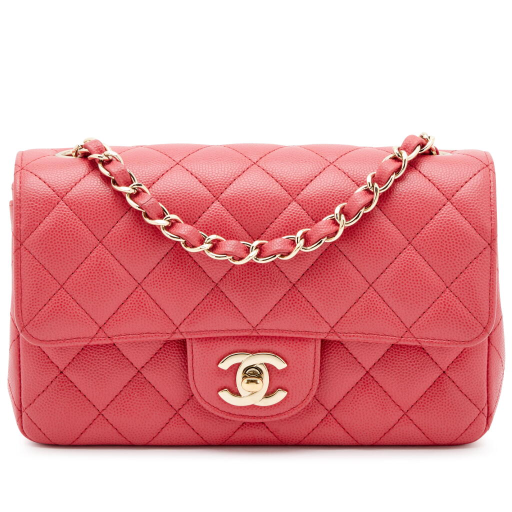 View full screen - View 1 of Lot 44. Pink Quilted Caviar Mini Rectangular Classic Single Flap Bag Gold Hardware, 2017.