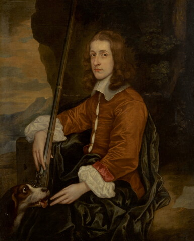 View full screen - View 1 of Lot 60. CIRCLE OF ROBERT WALKER | Portrait of a member of the Potts family, possibly Francis Potts, three-quarter-length, sitting with his dog in a landscape.