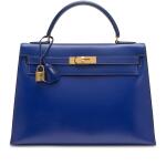Vintage Bleu Electrique Box Kelly 32 Sellier Gold Hardware, 1989