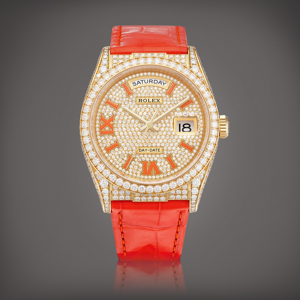 View full screen - View 1 of Lot 2129. Day-Date, Reference 128158RBR A yellow gold, enamel and diamond-set wristwatch with day and date, Circa 2022 | 勞力士 | Day-Date 型號128158RBR | 黃金鑲琺瑯及鑽石腕錶,備日期及星期顯示,約2022年製.