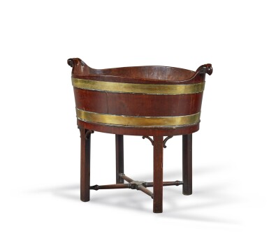 View full screen - View 1 of Lot 86. AN EARLY GEORGE III BRASS-BOUND MAHOGANY WINE COOLER ON STAND, CIRCA 1760.