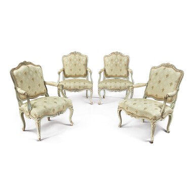 View full screen - View 1 of Lot 178. A SET OF FOUR LOUIS XV CARVED AND GRAY-PAINTED FAUTEUILS À LA REINE BY JEAN-BAPTISTE GOURDIN, CIRCA 1755 .