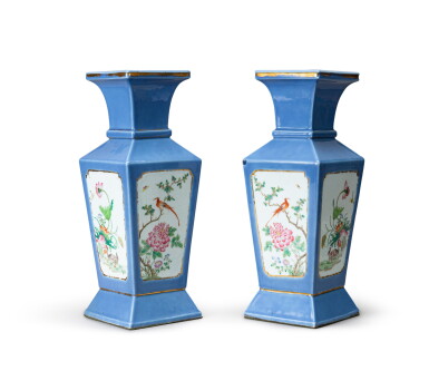 View full screen - View 1 of Lot 142. Two blue-ground famille rose 'bird and flower' quadrangular vases, Qing dynasty, 19th century | 清十九世紀 藍地開光粉紅花鳥紋折肩四方瓶兩件.