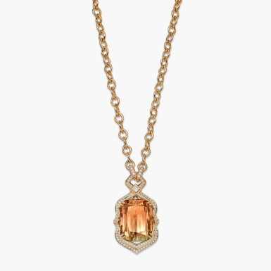 View full screen - View 1 of Lot 1386. Bi-Coloured Tourmaline and Diamond Pendent Necklace | 碧璽 配 鑽石 項鏈.