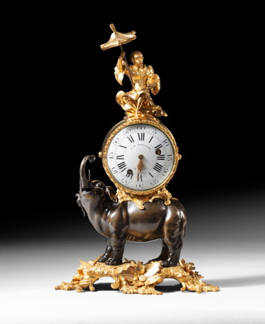 View full screen - View 1 of Lot 60. A Louis XV patinated and gilt-bronze "Elephant" mantel clock, with the C crowned mark | Pendule à l'éléphant en bronze patiné et doré d'époque Louis XV, poinçon au C couronné.