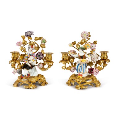 View full screen - View 1 of Lot 151. A PAIR OF LOUIS XV GILT BRONZE AND MEISSEN PORCELAIN TWO-BRANCH CANDELABRA, THE PORCELAIN MID-18TH CENTURY.