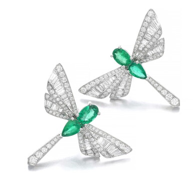 View full screen - View 1 of Lot 1107. Pair of emerald and diamond earrings.
