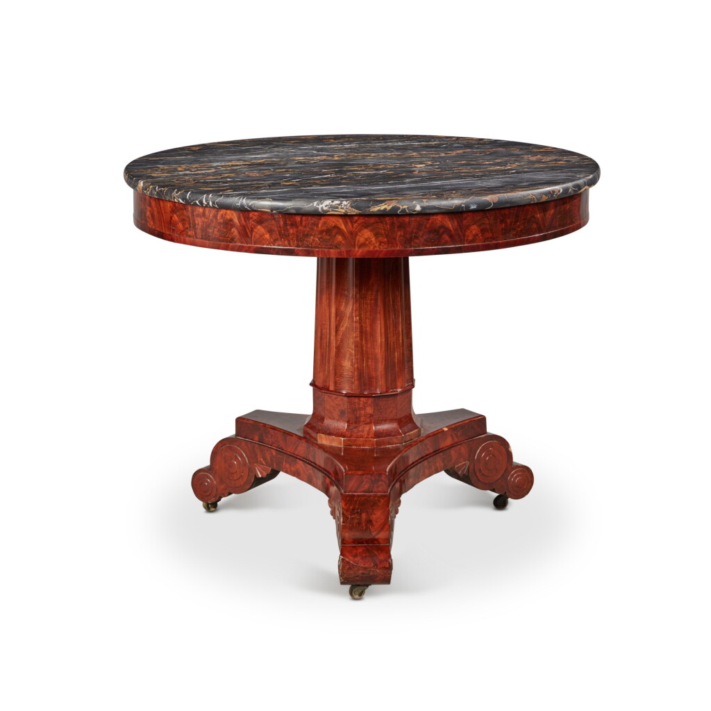 View full screen - View 1 of Lot 1609. Classical Figured Mahogany Marble Top Center Table, Probably Boston, Massachusetts, Circa 1830.