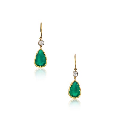 View full screen - View 1 of Lot 228. Pair of Emerald and Diamond Earrings.