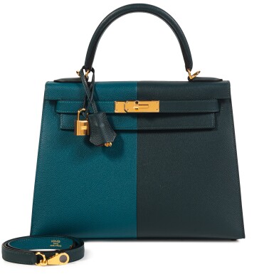 View full screen - View 1 of Lot 375. Limited Edition Vert Cyprès and Vert Bosphore Casaque Epsom Kelly 28 Sellier Gold Hardware, 2023.