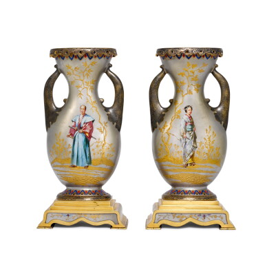 View full screen - View 1 of Lot 132. A pair of French gilt-metal-mounted porcelain japonaiserie vases, circa 1875-80.