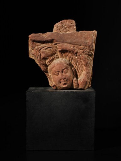 View full screen - View 1 of Lot 155. A mottled red sandstone Yakshini head, Central India, Mathura, 2nd century.