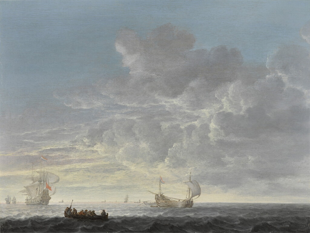 View full screen - View 1 of Lot 159. A herring fleet with a man-o'-war offshore in a light chop and gentle breeze.