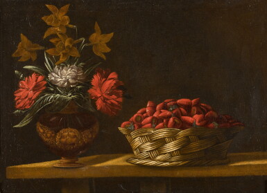 View full screen - View 1 of Lot 380. Still life with a vase of flowers and a basket of strawberries on a table top.