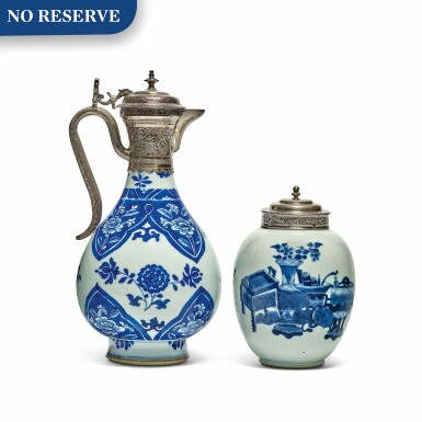 View full screen - View 1 of Lot 24. A CHINESE BLUE AND WHITE PORCELAIN EWER AND TEA CADDY WITH EUROPEAN SILVER MOUNTS, THE PORCELAIN EARLY 18TH CENTURY.