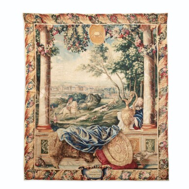 View full screen - View 1 of Lot 40. A GOBELINS ROYAL MANUFACTURE TAPESTRY FROM THE SERIES "MAISONS ROYALES" DEPECTING THE FONTAINEBLEAU CASTLE, LOUIS XV, EARLY 18TH CENTURY, AFTER A DESIGN OF CHARLES LE BRUN | TAPISSERIE ALLÉGORIQUE DE LA MANUFACTURE DES GOBELINS TIRÉE DE LA TENTURE DES MAISONS ROYALES REPRÉSENTANT LE CHÂTEAU DE FONTAINEBLEAU D'ÉPOQUE LOUIS XIV, DÉBUT DU XVIIIÈME SIÈCLE, D'APRÈS UN CARTON DE CHARLES LE BRUN.