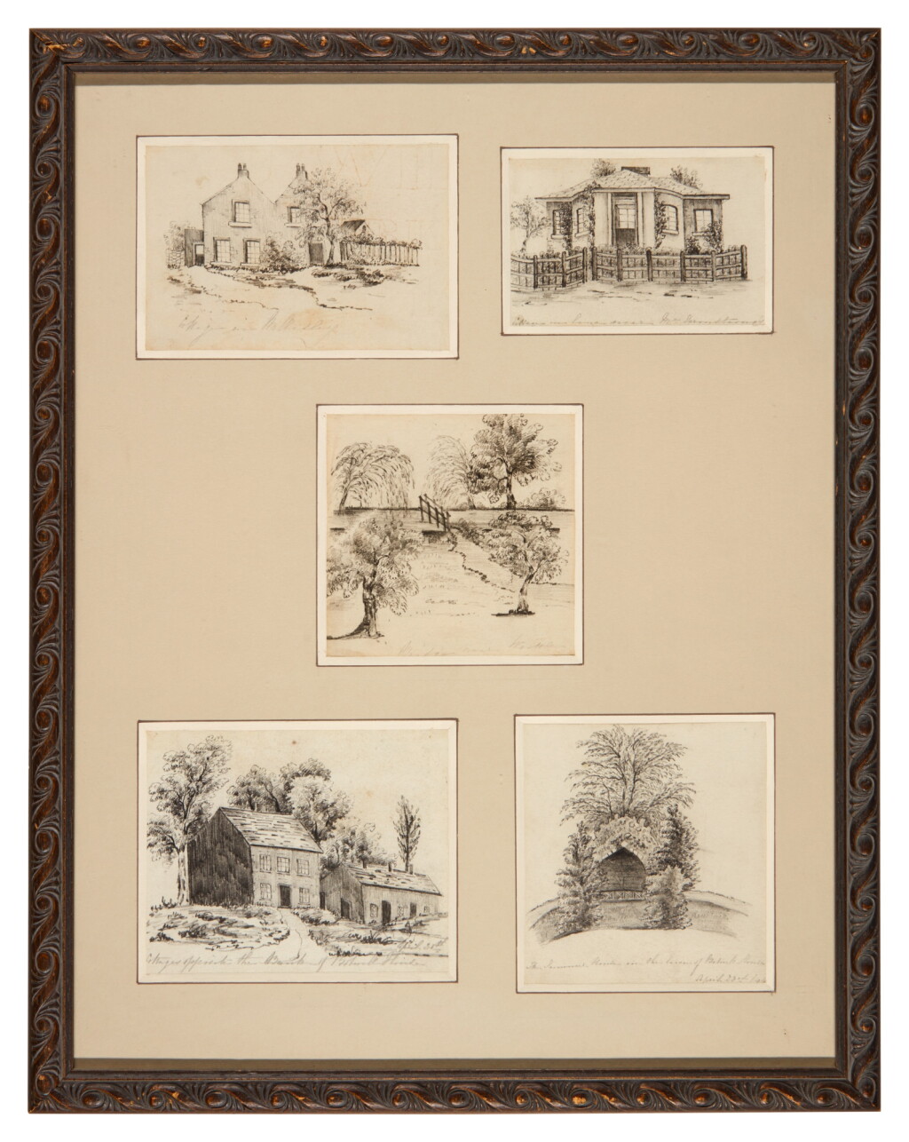 View full screen - View 1 of Lot 70. Charlotte Bronte | Five pencil sketches, framed together.