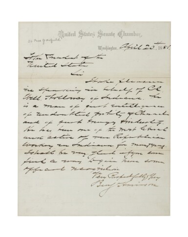 View full screen - View 1 of Lot 28. BENJAMIN HARRISON | Senator Harrison recommending Col. William Holloway to President Garfield, and asking that he be given official recognition.