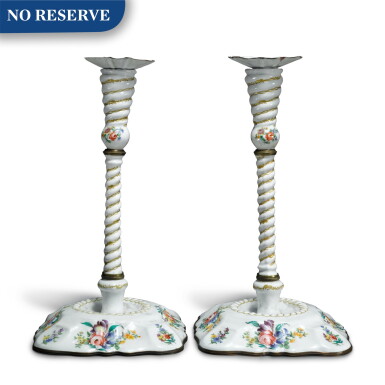 View full screen - View 1 of Lot 382. A Pair of Painted Enamel Candlesticks, Probably English, Late 19th Century.
