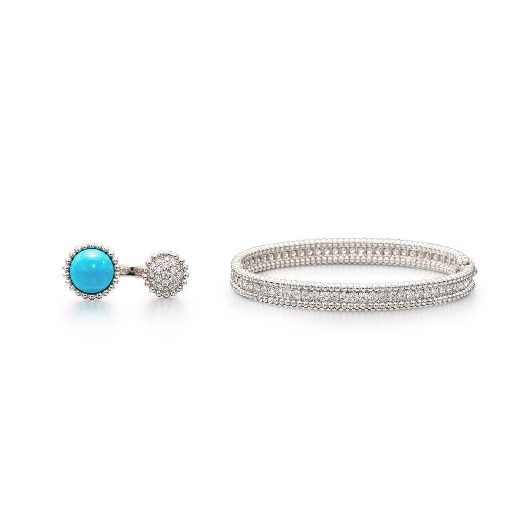 View full screen - View 1 of Lot 1610. DIAMOND ‘PERLÉE’ BANGLE AND TURQUOISE AND DIAMOND ‘PERLÉE’ RING | 梵克雅寶 | 鑽石 ‘PERLÉE’ 手鐲 及 綠松石 配 鑽石 ’PERLÉE’ 戒指.