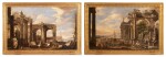 Capriccio of a Marina with the Ruins of a Corinthian Temple, Horsemen, Soldiers, and Figures; Capriccio of a Mediterranean Port with Classical Ruins, a Statue of Hercules, and Figures on a Sandy Shore