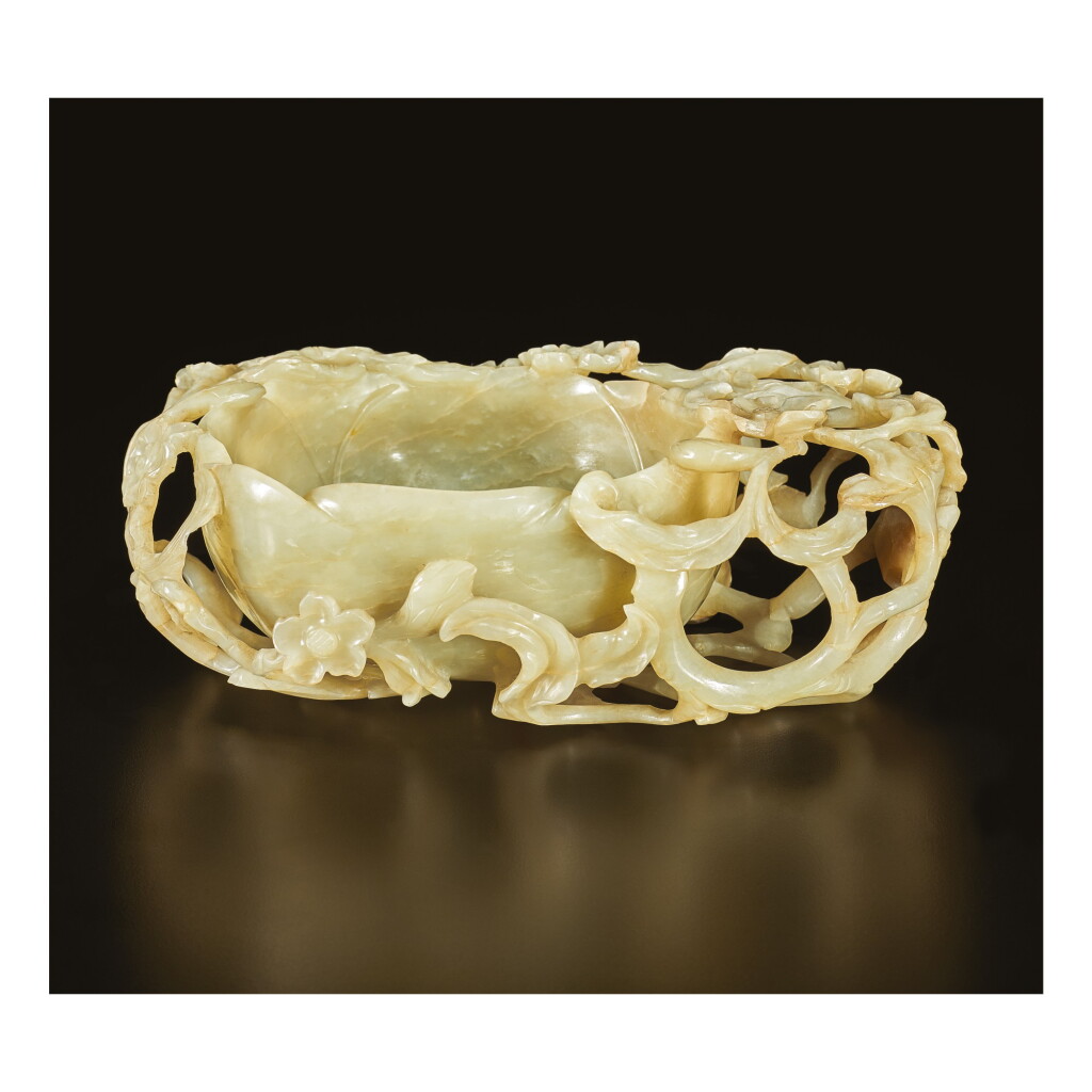 View full screen - View 1 of Lot 665. A LARGE PALE CELADON JADE 'LONGEVITY' WASHER, MING DYNASTY.