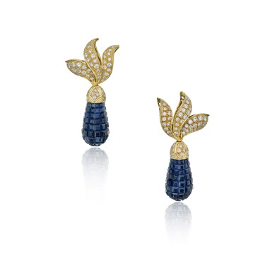 View full screen - View 1 of Lot 44. Pair of 'Mystery-Set' Sapphire and Diamond Pendant-Earclips.