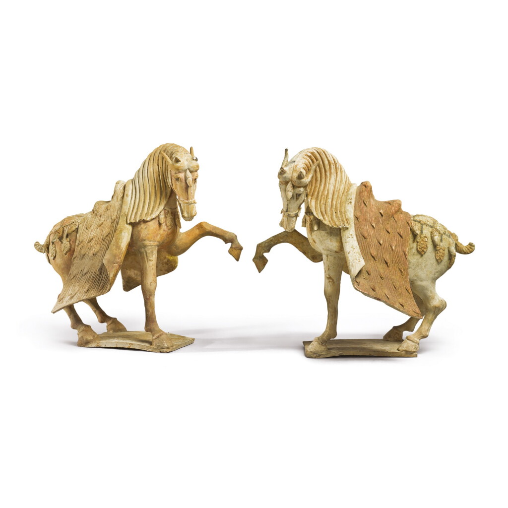 View full screen - View 1 of Lot 688. A PAIR OF PAINTED POTTERY HORSES, TANG DYNASTY.