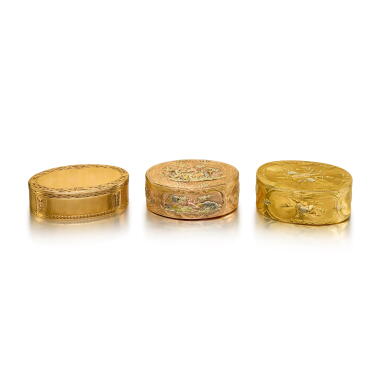 View full screen - View 1 of Lot 531. Three Varicolor Gold Snuff Boxes, 19th Century in Earlier Style .