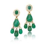 Pair of emerald and diamond pendent ear clips