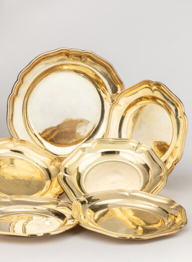 View full screen - View 1 of Lot 262. A set of ten silver-gilt plates and a dish from the Orloff service, Edmé-Pierre Balzac and Claude Pierre Deville, Paris, 1770-1771 .