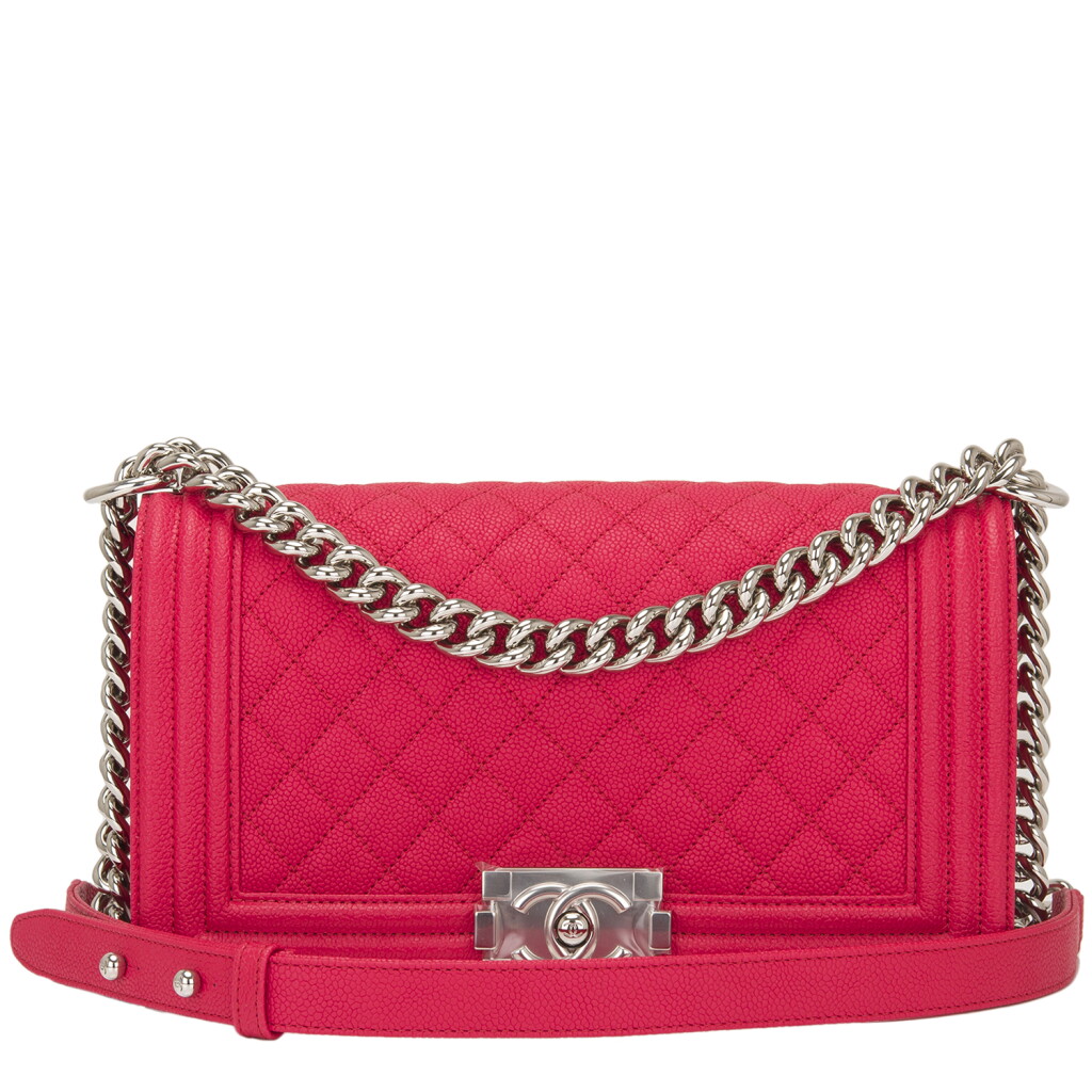 View full screen - View 1 of Lot 186. Chanel Red Quilted Old Medium Boy Bag of Caviar Leather with Silver Tone Hardware.