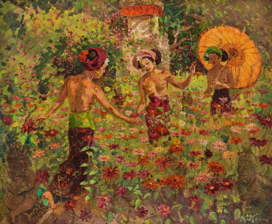 View full screen - View 1 of Lot 1042. Adrien Jean Le Mayeur de Merprès 勒邁耶 | Three Balinese Women in Garden 花園裡的峇里三美.