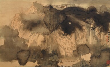 View full screen - View 1 of Lot 2579. 張大千 雲岡飛泉 | Chang Dai-chien(Zhang Daqian), Waterfall in Misty Mountains.