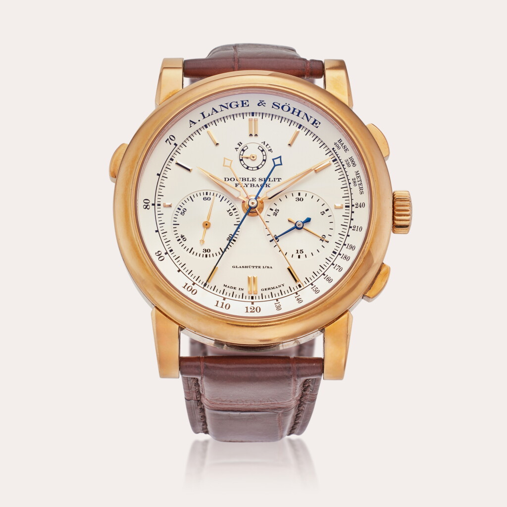 View full screen - View 1 of Lot 150. Reference 404.032 Saxonia Double Split | A pink gold double split flyback chronograph wristwatch with power reserve indication, Circa 2013.