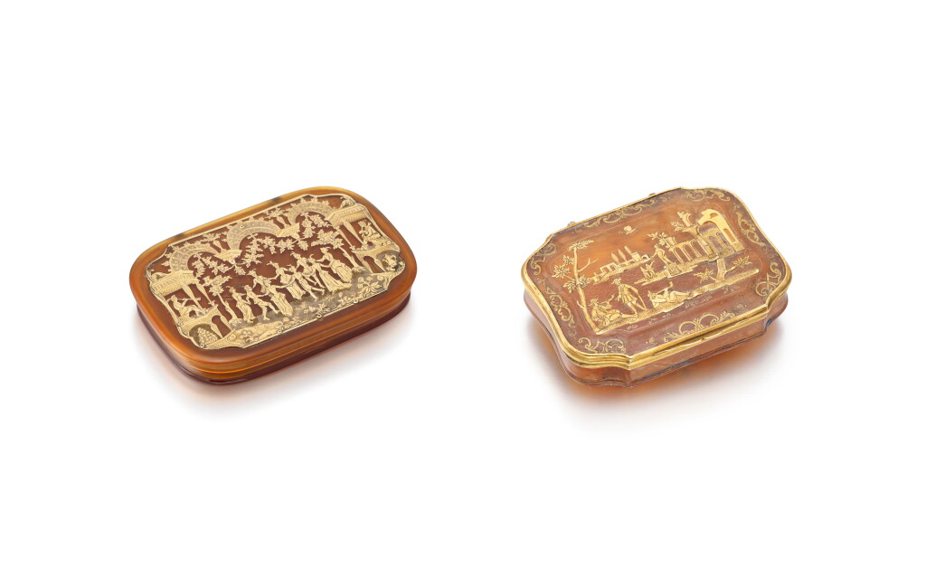 View full screen - View 1 of Lot 345. Two gold-mounted blond tortoiseshell snuff boxes,.