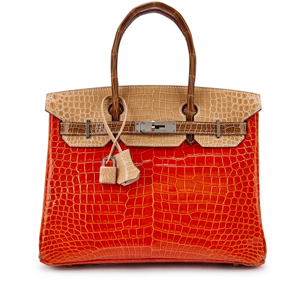 View full screen - View 1 of Lot 9732. Important Private Collection: Orange H, Poussière and Ficelle Shiny Porosus Crocodile Custom Birkin 30 Palladium Hardware, 2005 .