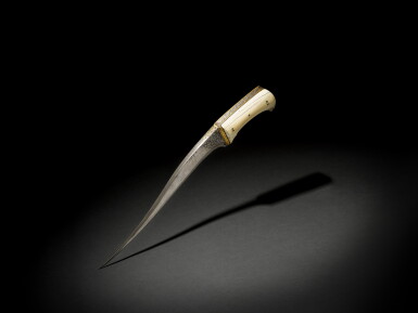 View full screen - View 1 of Lot 113. A watered-steel dagger (peshkabz) with marine-ivory hilt dedicated to Shah Isma'il I (r.1501-24), Persia, Safavid, dated 925 AH/1519-20 AD.