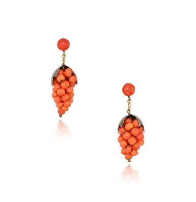 View full screen - View 1 of Lot 224. Pair of Coral Pendant-Earrings.