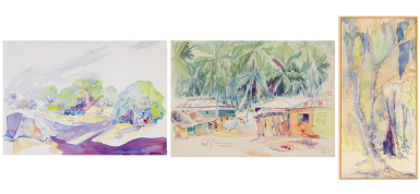View full screen - View 1 of Lot 46. Village and Nature Scenes, a set of three watercolours .